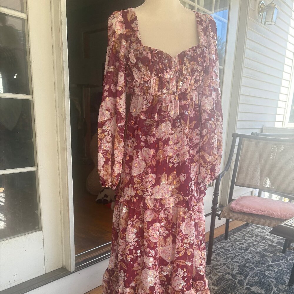 Altar'd State XS Maxi Dress Prom Lined Maroon Flowers Sequins Halter Bow Ruffles